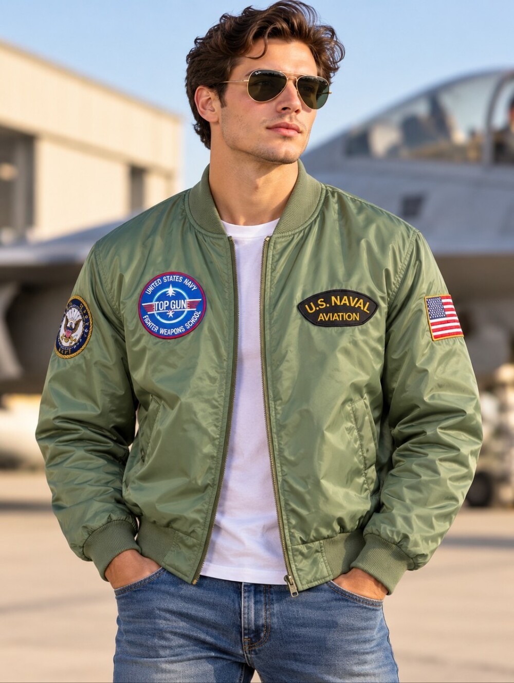 EUC Top Gun US Navy Aviation MA-1 Bomber Jacket Olive Spirit Military Men's M